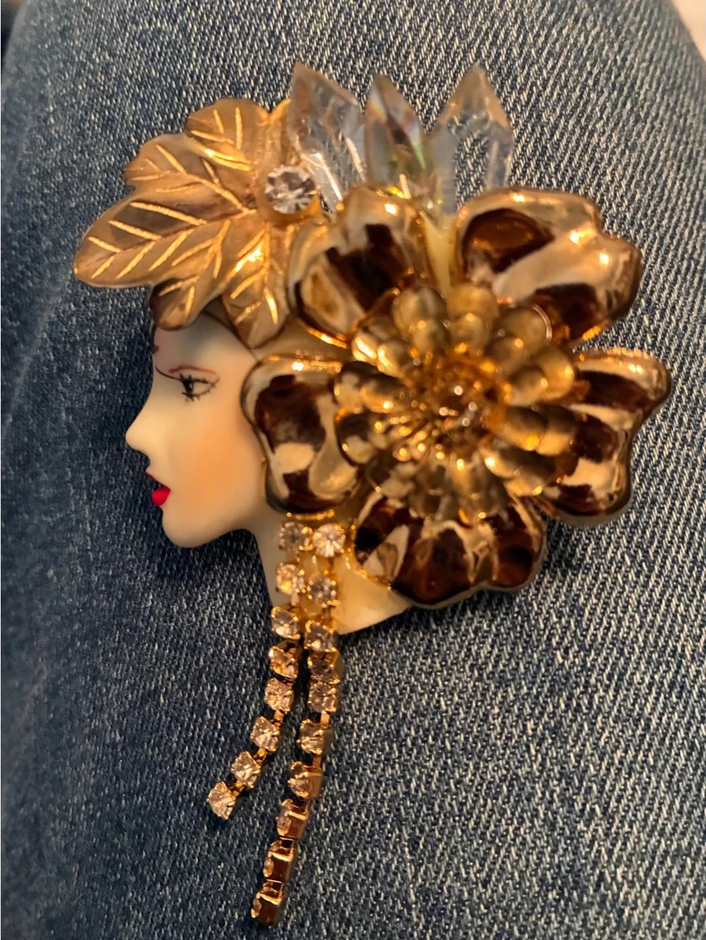 Vintage Art Deco Style Lady Face Brooch with Crystal Accents - Women Jewelry